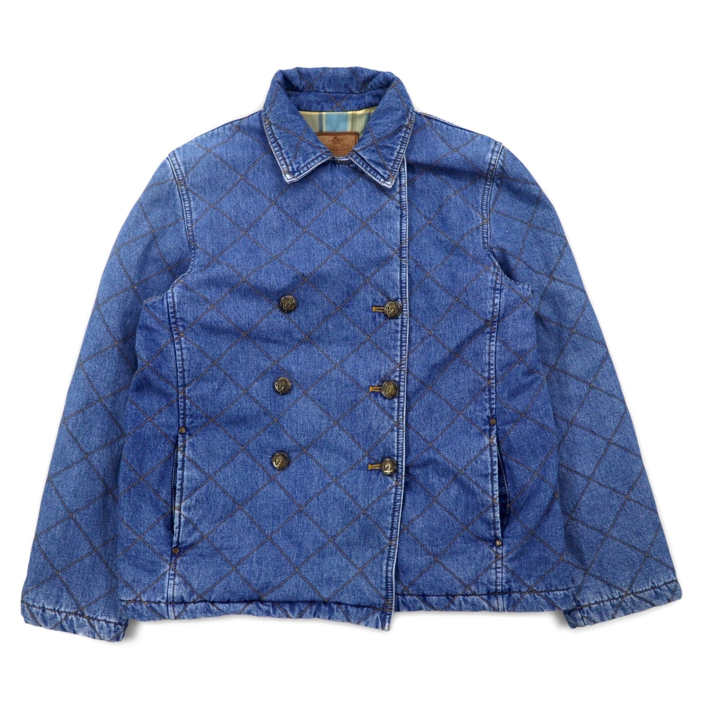 LAUREN JEANS CO. 90年代 ダブルブレスト キルティング デニムジャケット Pコート XL インディゴ ブルー 中綿 裏地チェック
