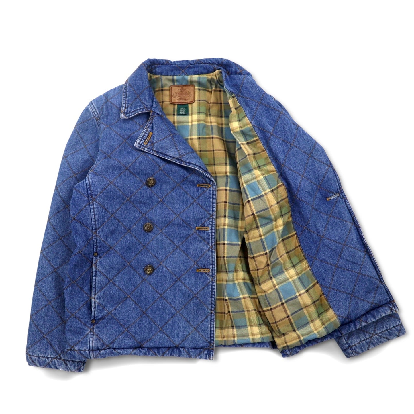 LAUREN JEANS CO. 90年代 ダブルブレスト キルティング デニムジャケット Pコート XL インディゴ ブルー 中綿 裏地チェック