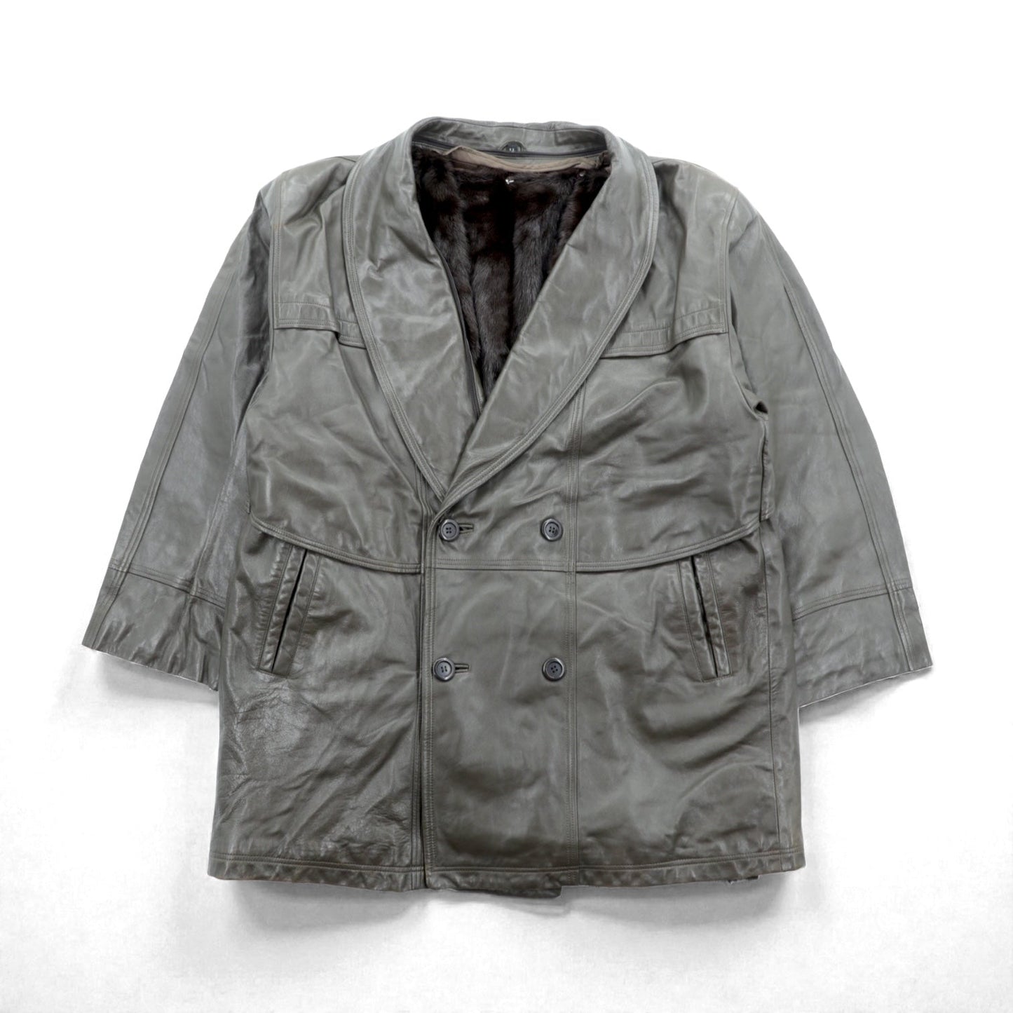 90s Vintage ダブルブレスト ギャングコート ラムレザージャケット  XL ライナー ファー着脱式