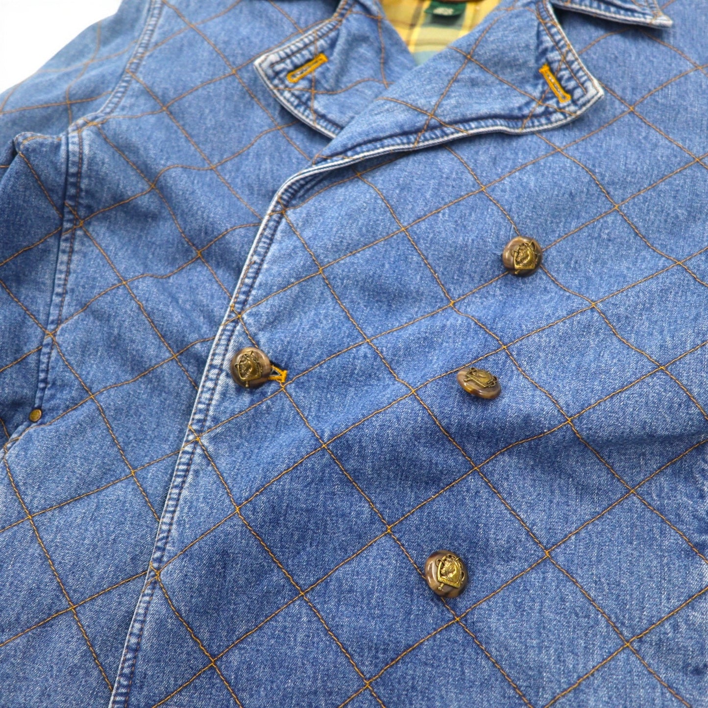 LAUREN JEANS CO. 90年代 ダブルブレスト キルティング デニムジャケット Pコート XL インディゴ ブルー 中綿 裏地チェック