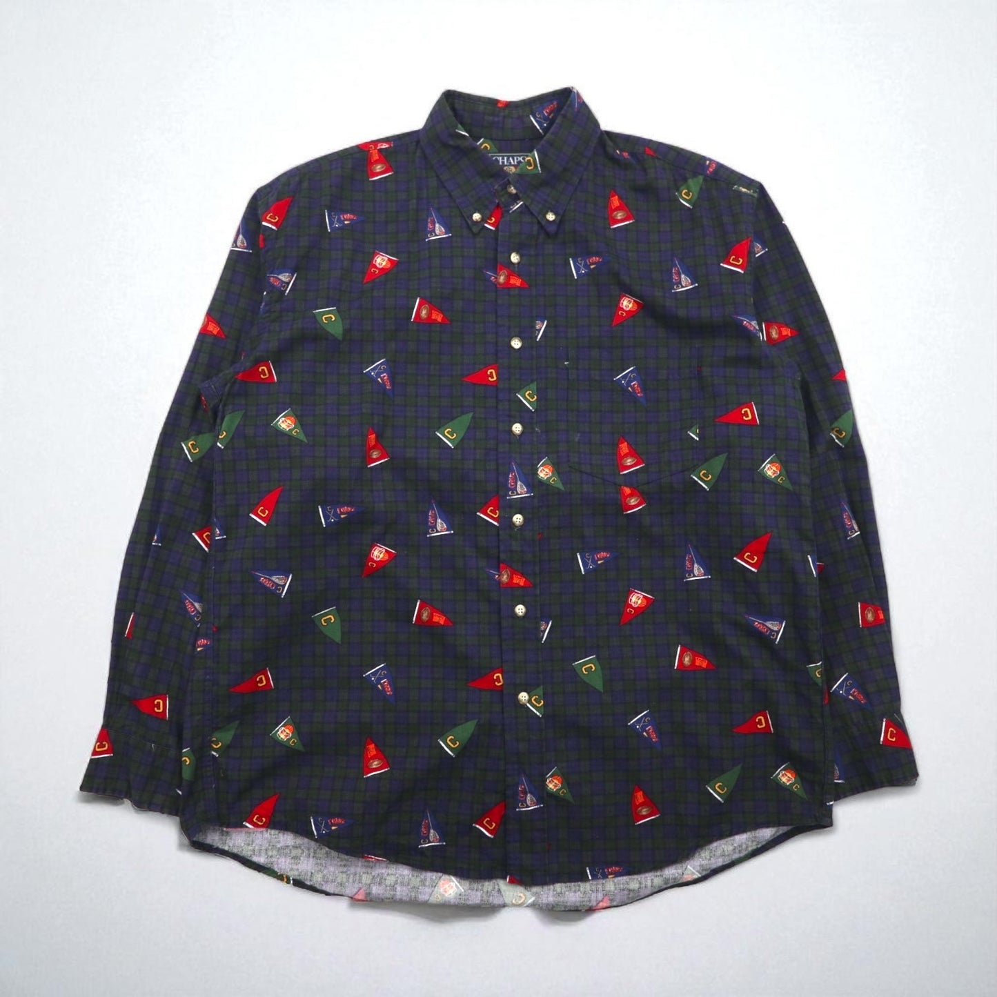 CHAPS RALPH LAUREN 90年代 ボタンダウンシャツ L グリーン チェック 総柄 ペナント フラッグ
