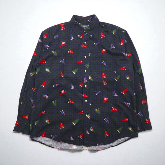 CHAPS RALPH LAUREN 90年代 ボタンダウンシャツ L グリーン チェック 総柄 ペナント フラッグ