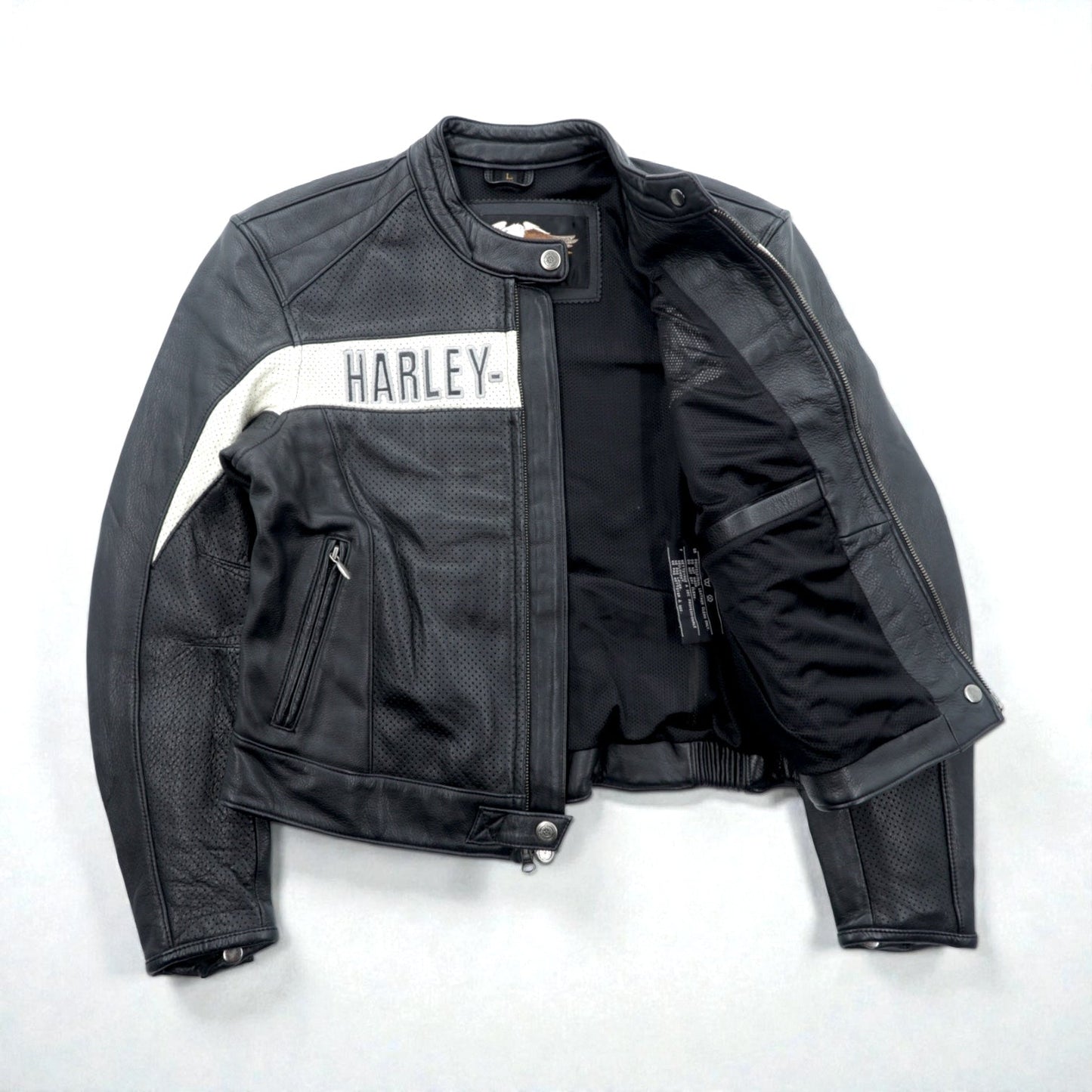 HARLEY DAVIDSON パンチングレザー レーシングジャケット L シングルライダース ダブルジップ 白ライン