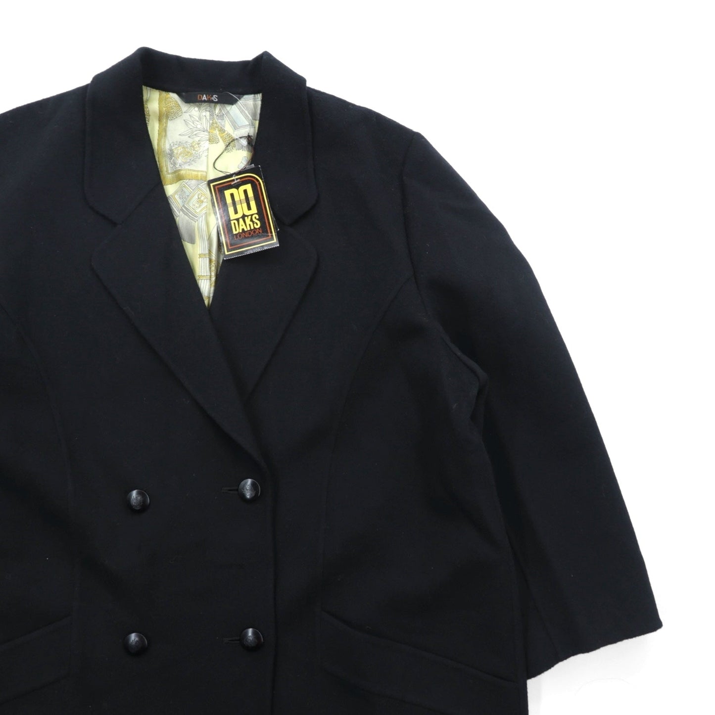 DAKS 日本製 カシミア ダブルブレスト チェスターコート XL ブラック サテン裏地 スカーフ 総柄 未使用品