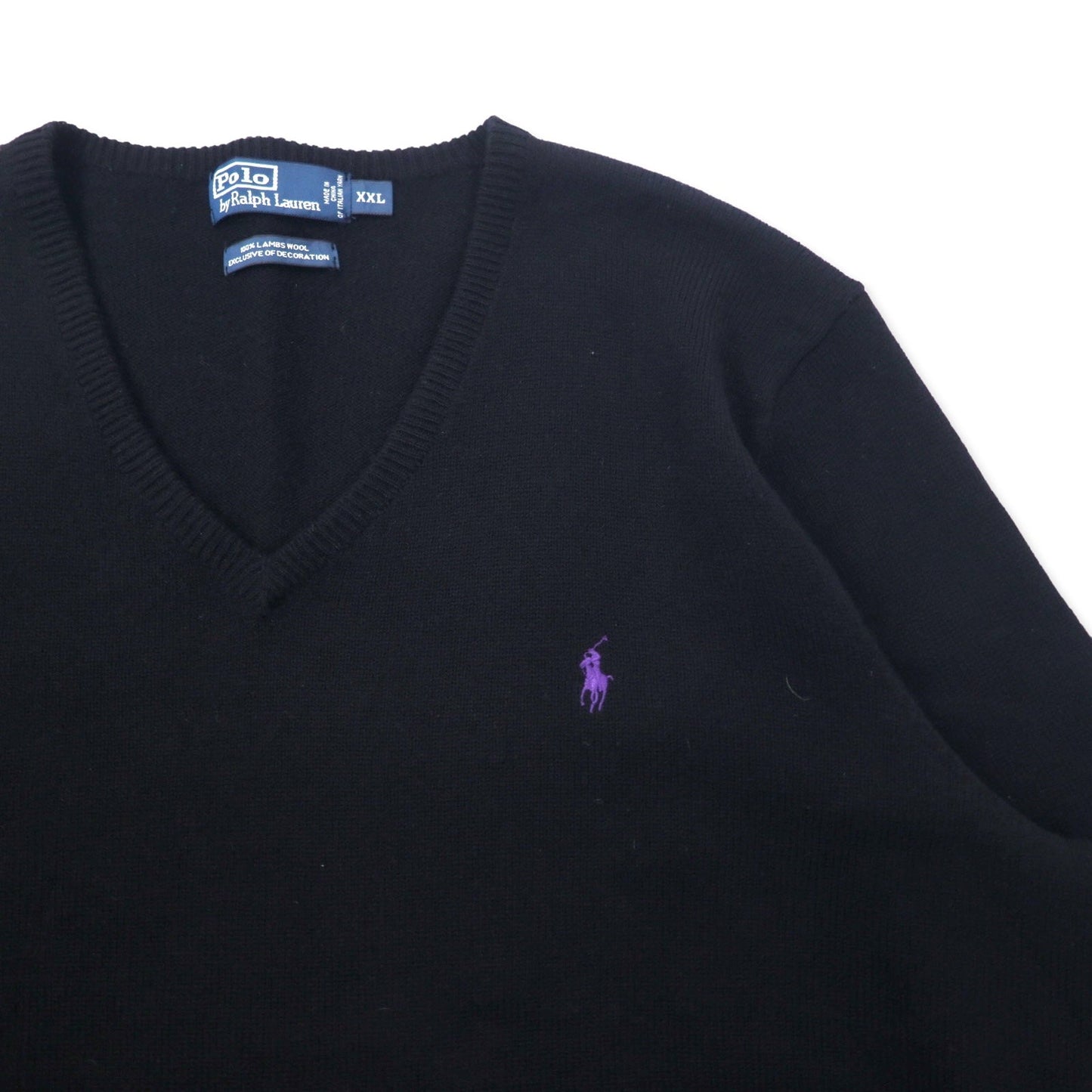 Polo by Ralph Lauren Vネック ニット セーター XXL ブラック ラムウール スモールポニー刺繍 ビッグサイズ