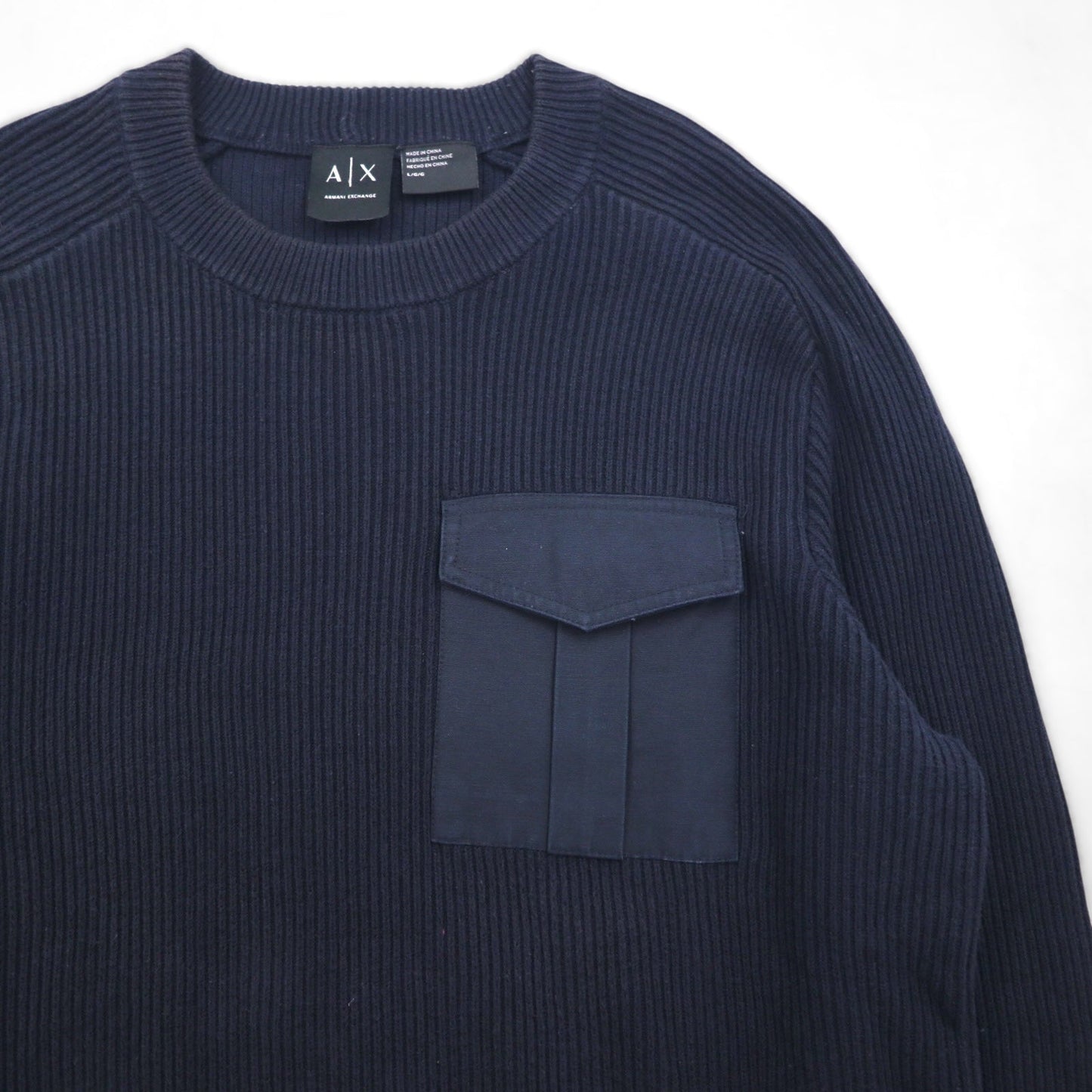 A|X ARMANI EXCHANGE コマンドセーター リブニット L ネイビー フラップ 胸ポケット