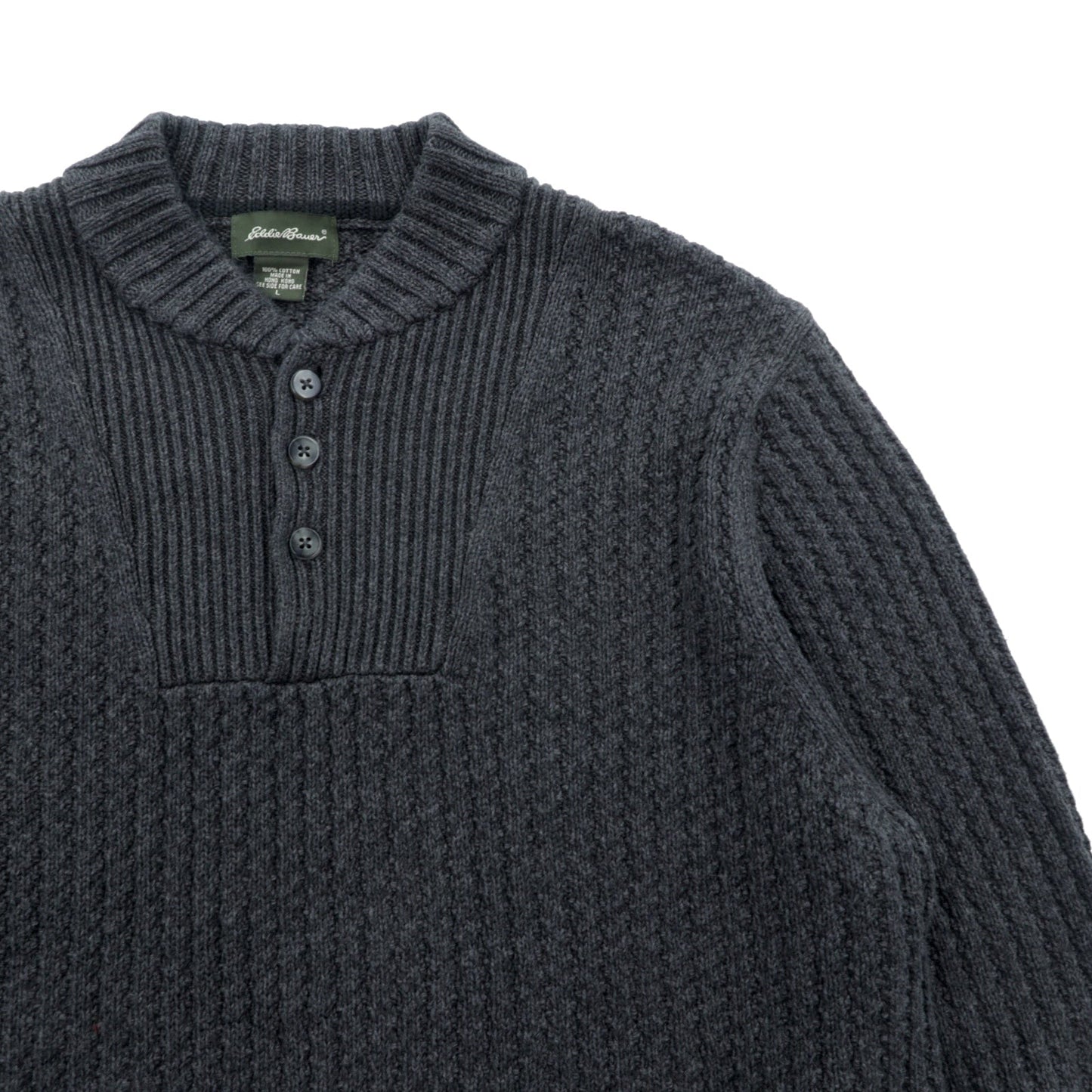 Eddie Bauer ヘンリーネック リブニット セーター L グレー コットン