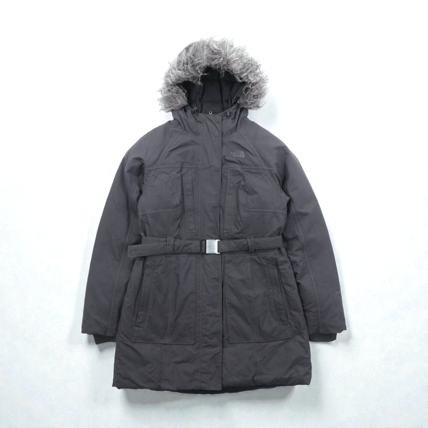 THE NORTH FACE マウンテン ダウンコート M グレー HYVENT 防水 ファー着脱式 ベルト付き グースダウン