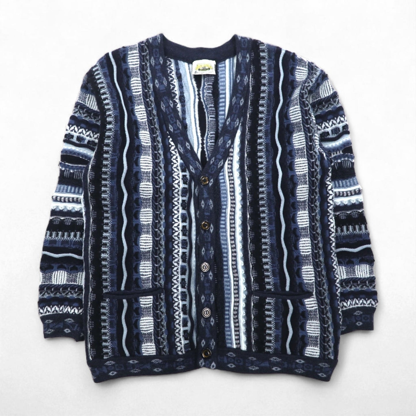 90s Australia Vintage 3D Knit Cardigan AKLANDA 3D ニット ジャガード カーディガン L ネイビー オーストラリア製