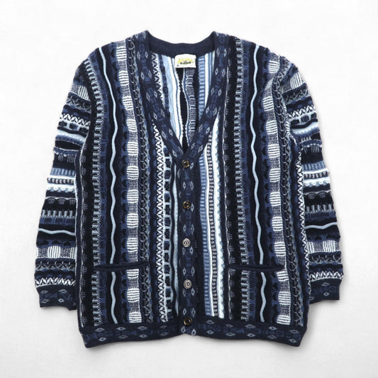 90s Australia Vintage 3D Knit Cardigan AKLANDA 3D ニット ジャガード カーディガン L ネイビー オーストラリア製