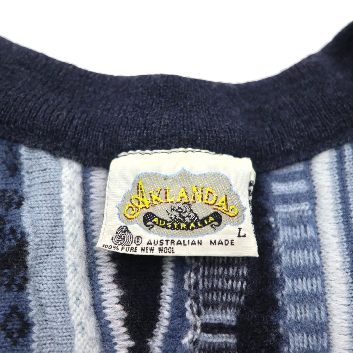 90s Australia Vintage 3D Knit Cardigan AKLANDA 3D ニット ジャガード カーディガン L ネイビー オーストラリア製