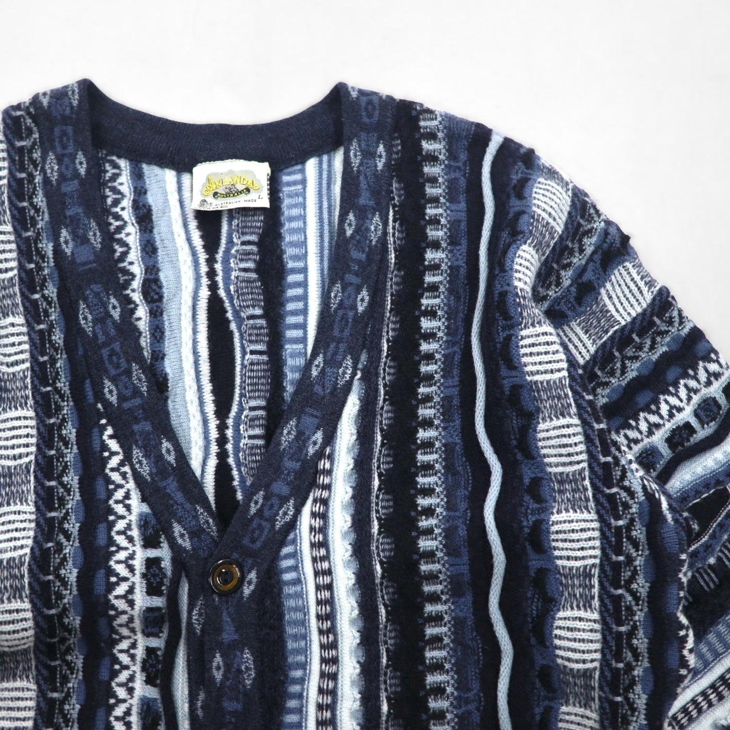 90s Australia Vintage 3D Knit Cardigan AKLANDA 3D ニット ジャガード カーディガン L ネイビー オーストラリア製