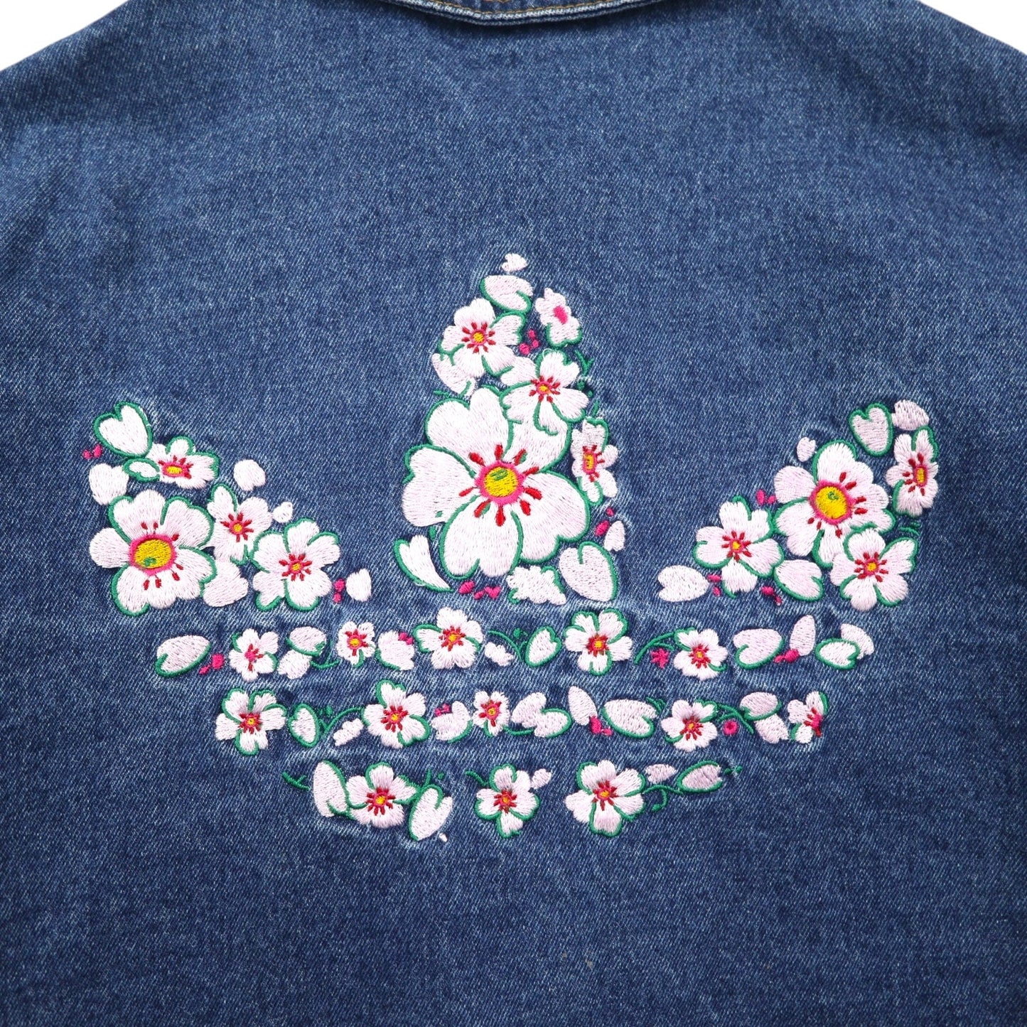 adidas originals クロップド 短丈 デニムジャケット Gジャン XL インディゴ 刺繍 ワイド IP3767  トレフォイル 3ストライプス フローラル