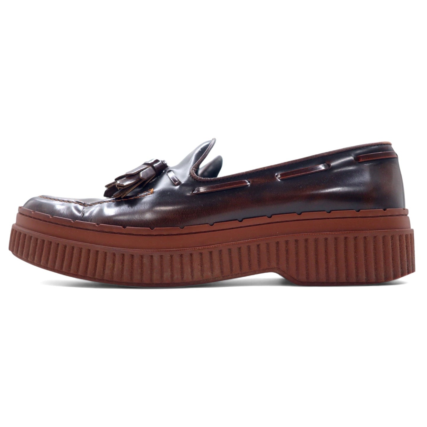 TOD'S Platform Tassel Loafers, Size 24.5cm, Brown Leather, Made in Italy