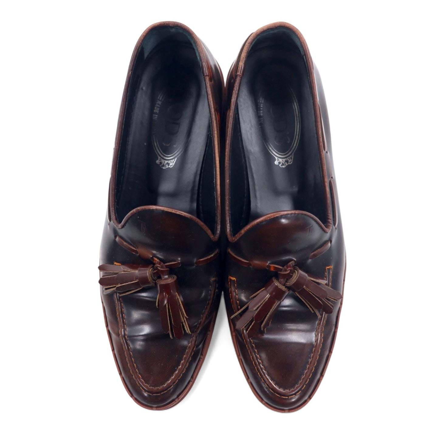 TOD'S Platform Tassel Loafers, Size 24.5cm, Brown Leather, Made in Italy