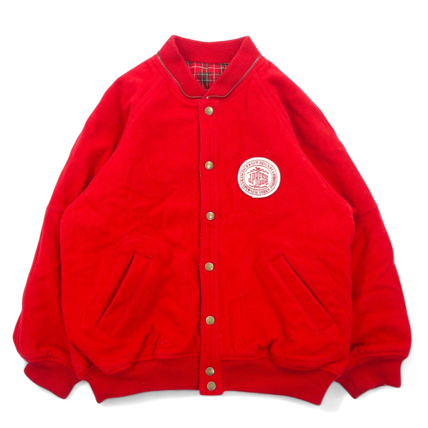 J.PRESS 90s Melton Stadium Jacket, Size L, Red Wool, Detachable Hood, Patch, Check Lining