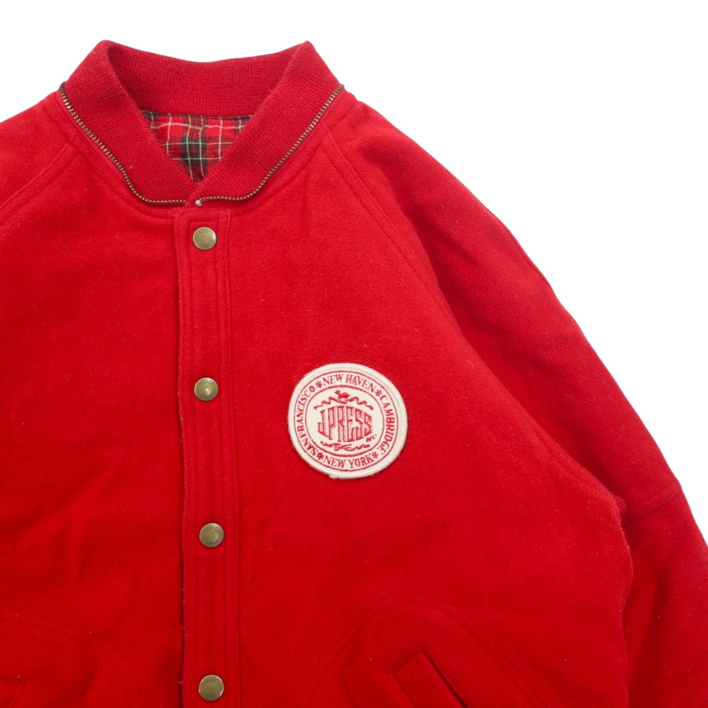 J.PRESS 90s Melton Stadium Jacket, Size L, Red Wool, Detachable Hood, Patch, Check Lining