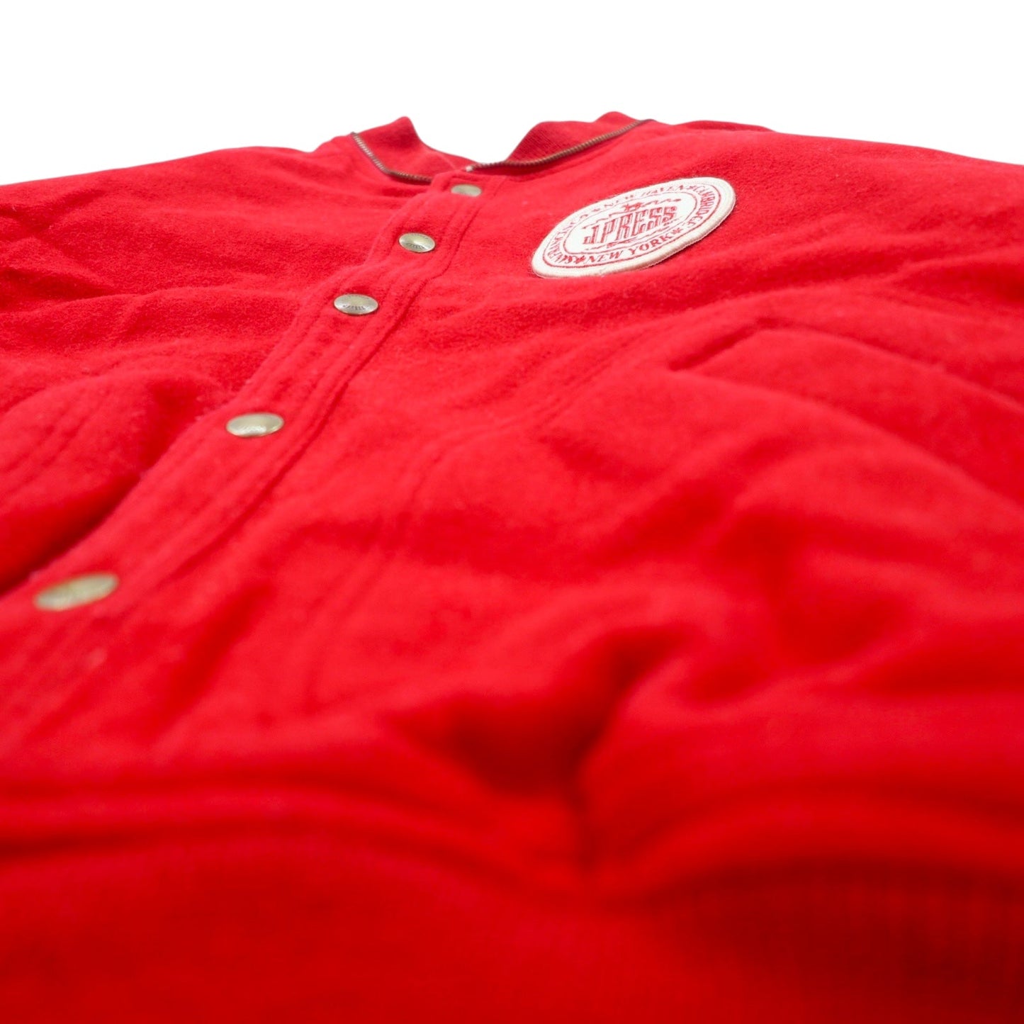 J.PRESS 90s Melton Stadium Jacket, Size L, Red Wool, Detachable Hood, Patch, Check Lining