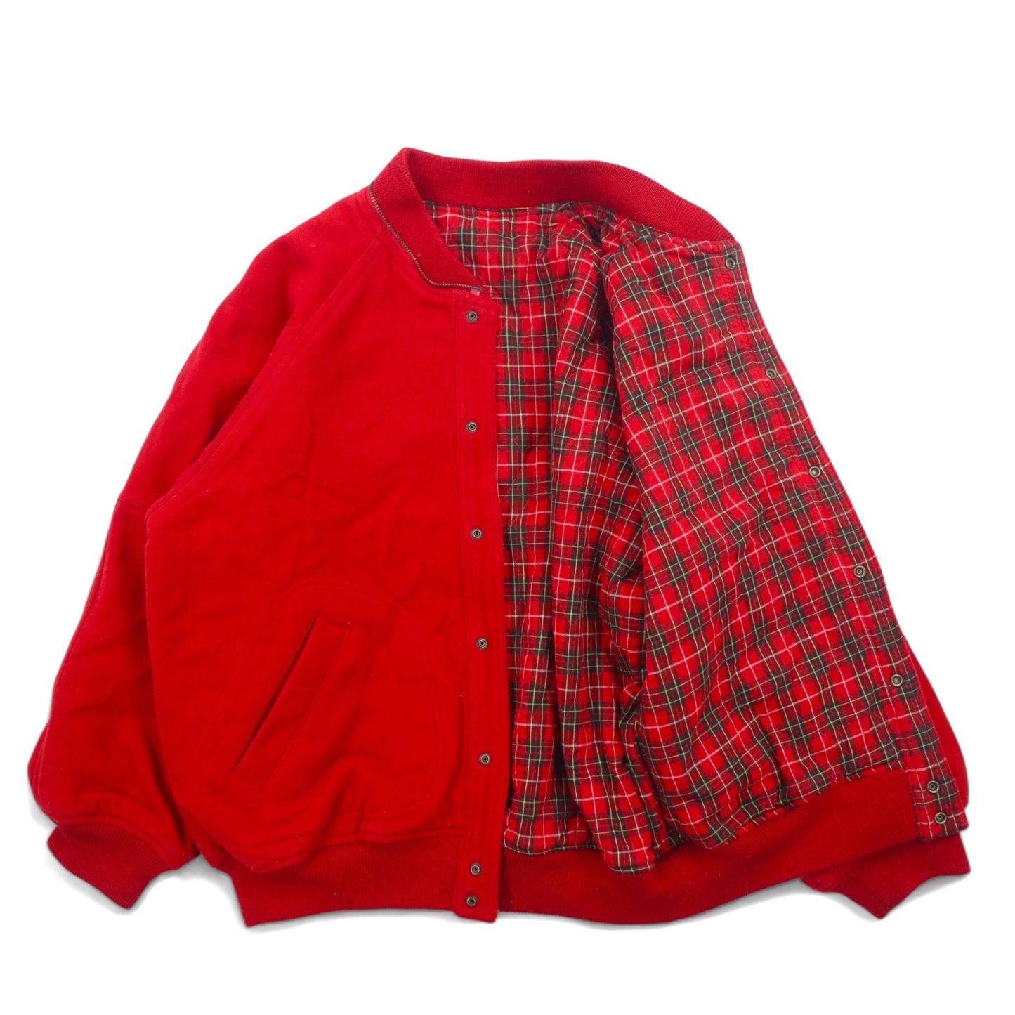 J.PRESS 90s Melton Stadium Jacket, Size L, Red Wool, Detachable Hood, Patch, Check Lining
