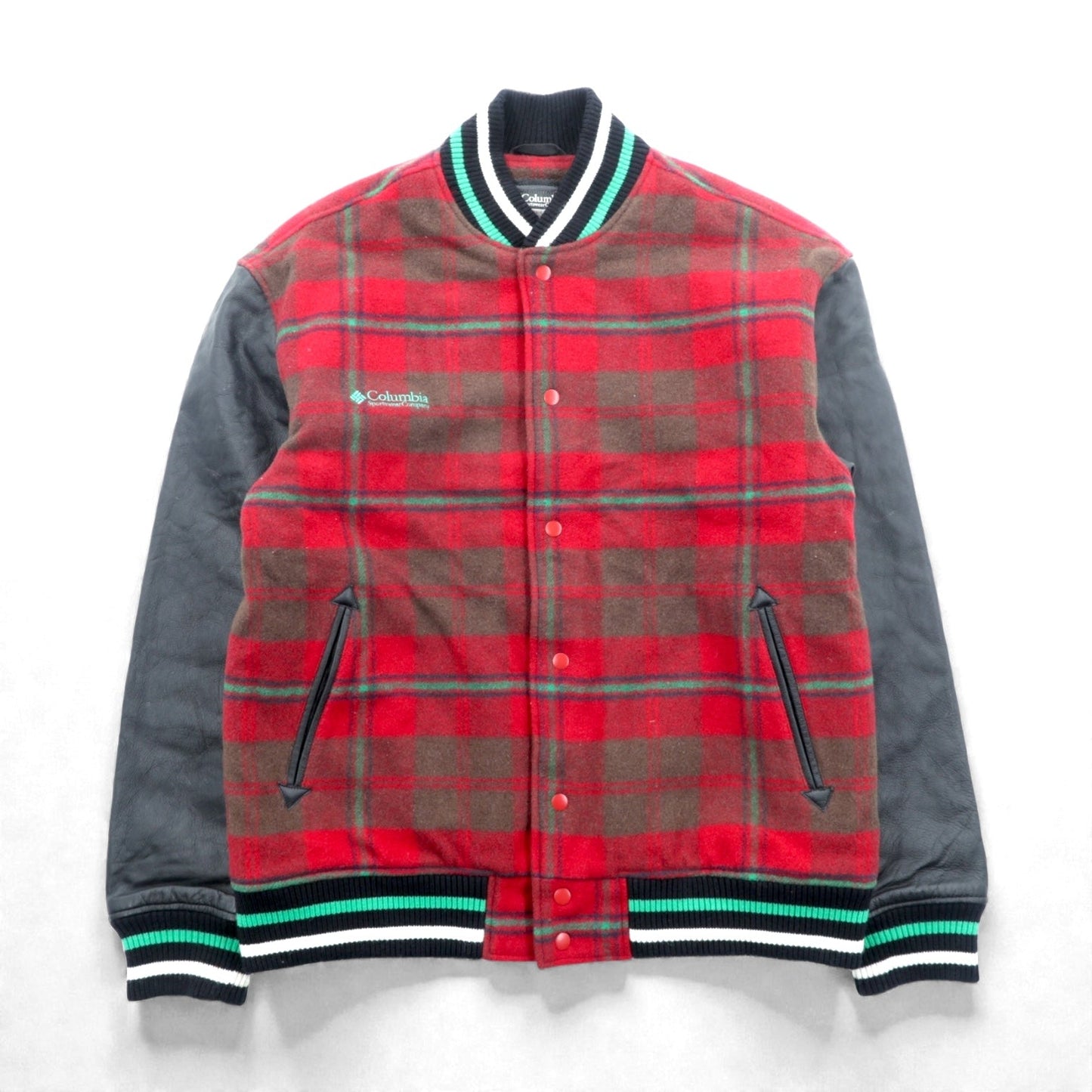 Columbia 00年代 袖レザー スタジャン XL レッド ウール ギルクレスト ジャケット チェック PM3341 XCO 牛革