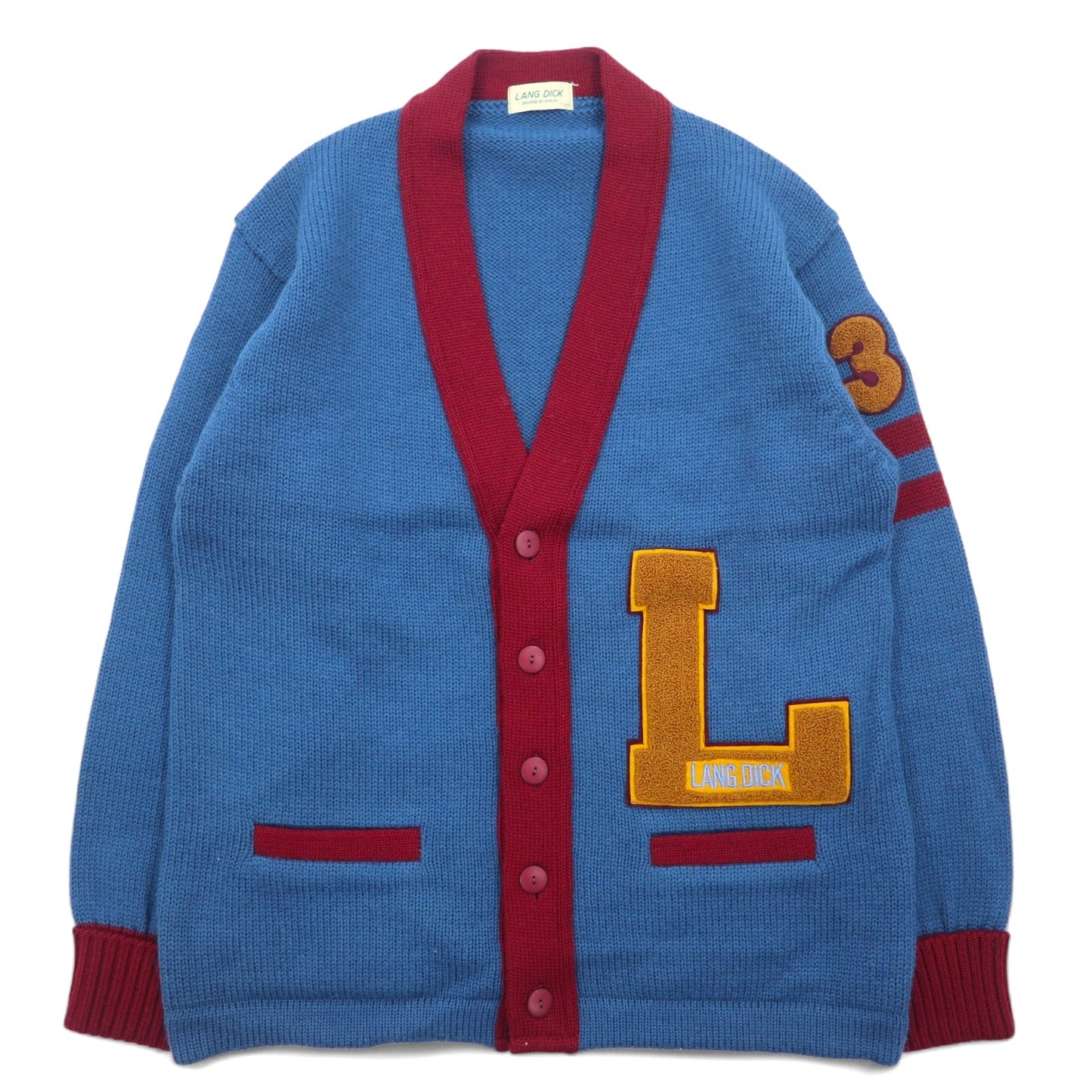 90s LANG DICK Lettered Cardigan, Size L, Navy Wool with Patch, Made in Japan