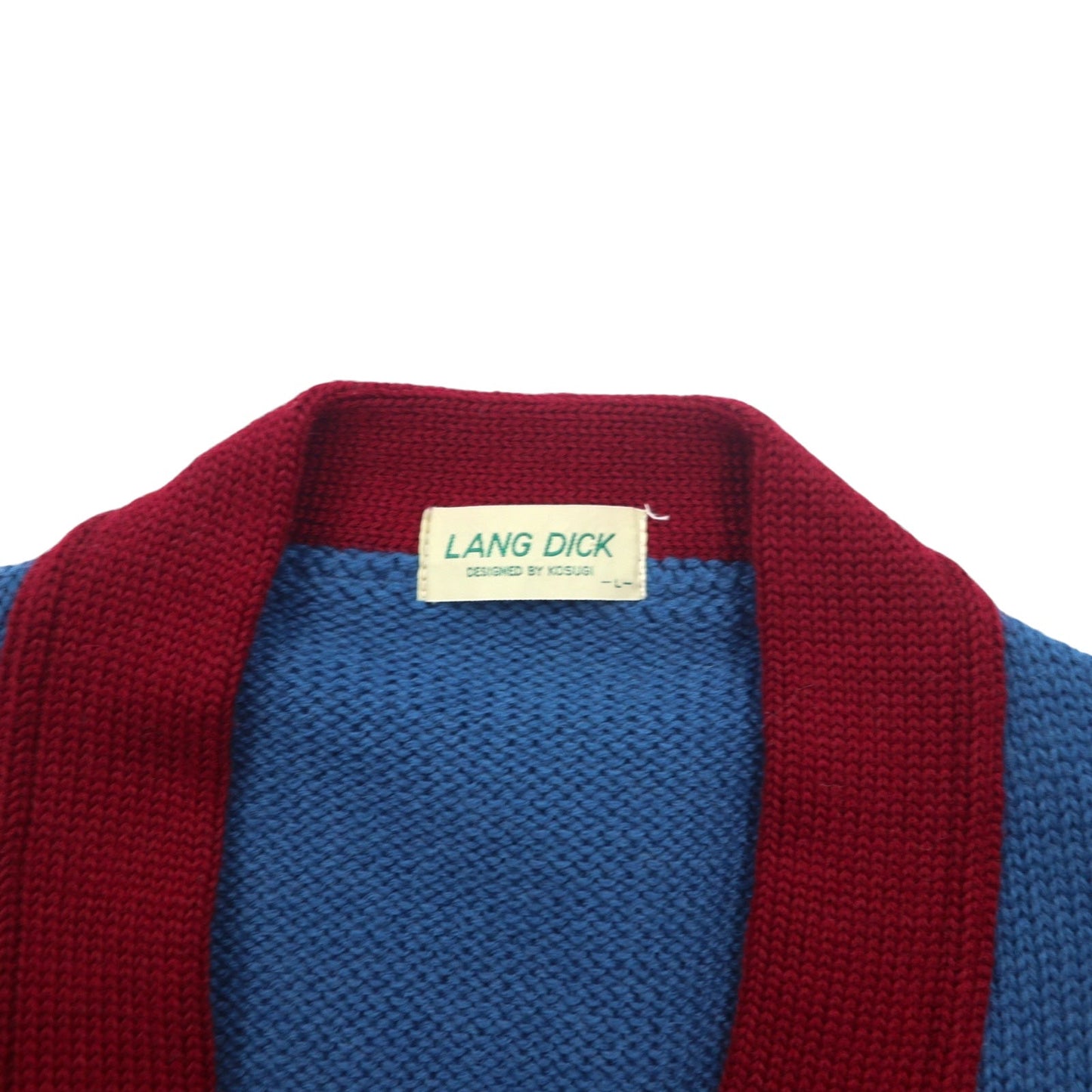 90s LANG DICK Lettered Cardigan, Size L, Navy Wool with Patch, Made in Japan