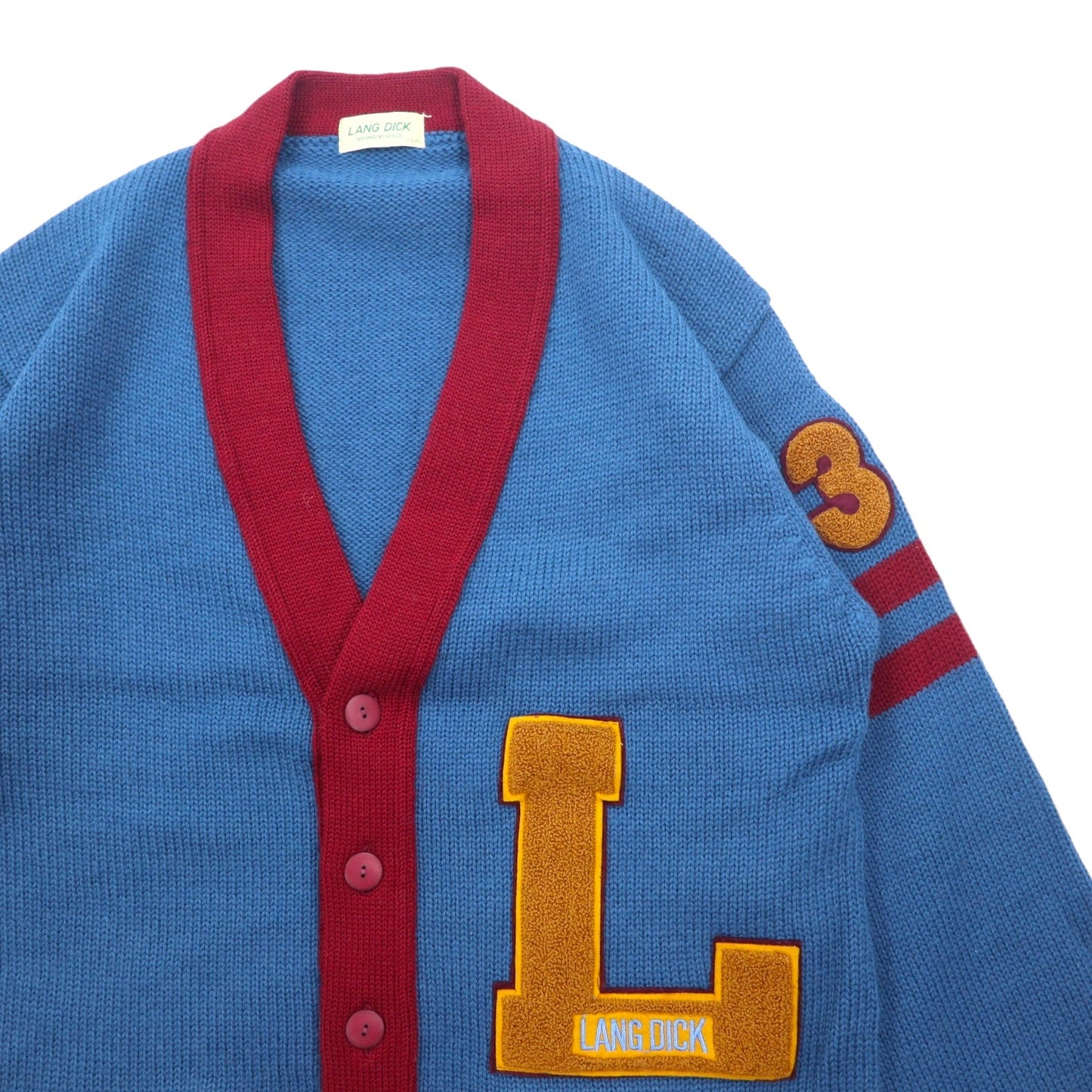 90s LANG DICK Lettered Cardigan, Size L, Navy Wool with Patch, Made in Japan