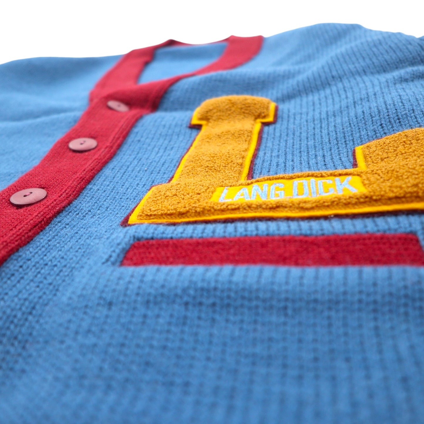90s LANG DICK Lettered Cardigan, Size L, Navy Wool with Patch, Made in Japan