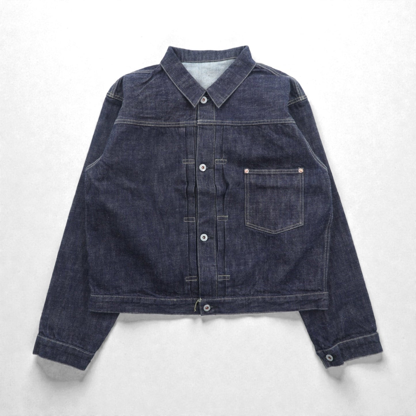 VINTAGE レプリカ 1st タイプ 大戦モデル デニムジャケット Gジャン XL インディゴ 13.5OZ セルヴィッチ 赤耳 シンチバック プリーツ 月桂樹ボタン 復刻 未使用品