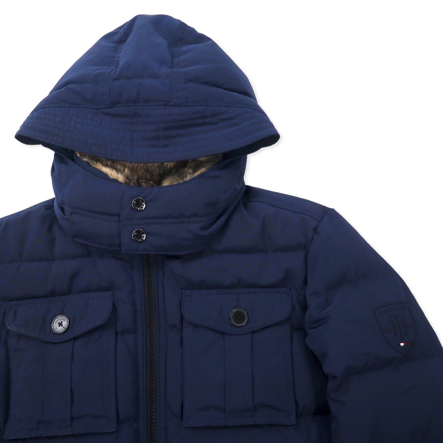 TOMMY HILFIGER Down Jacket, Medium, Navy, Polyester, Detachable Hood