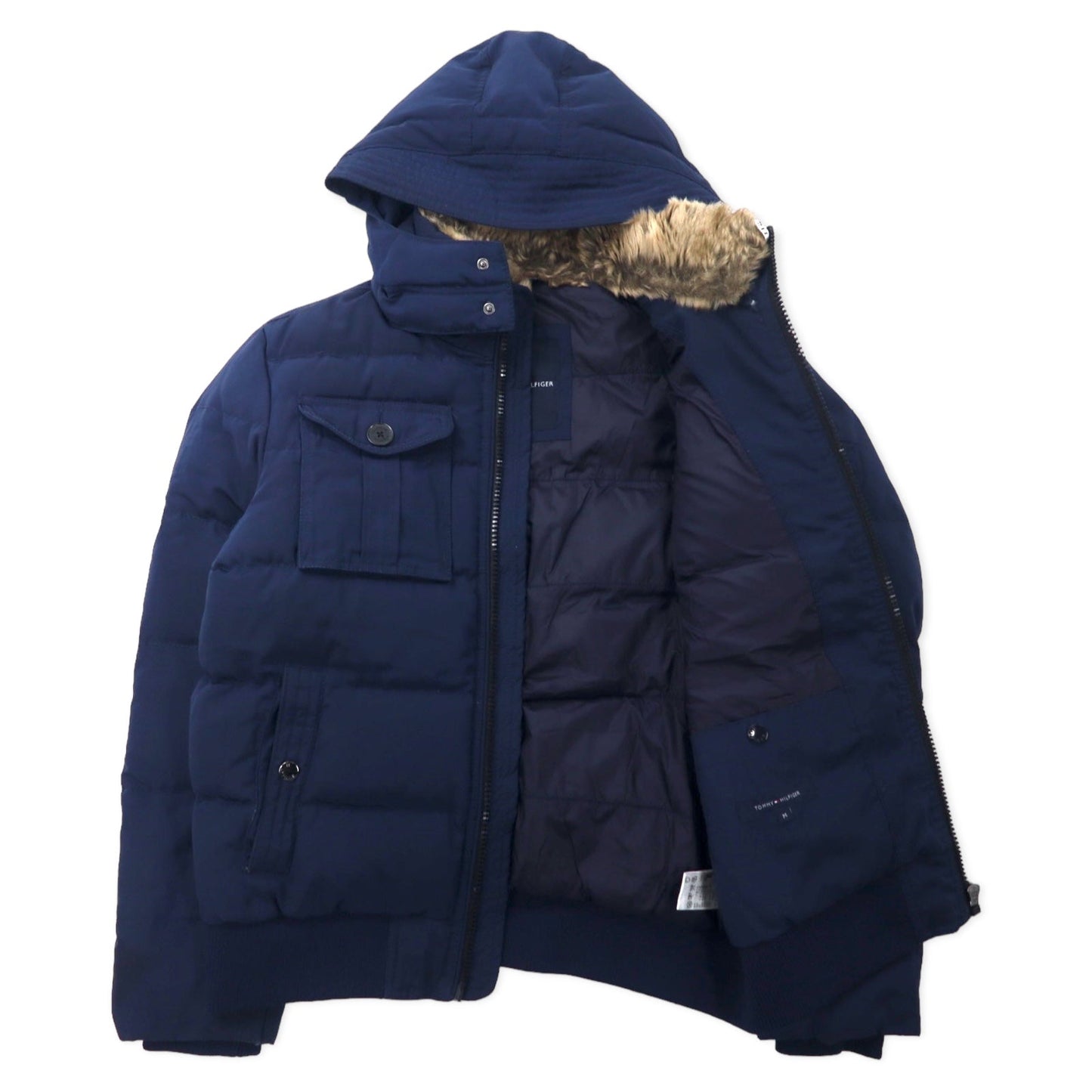 TOMMY HILFIGER Down Jacket, Medium, Navy, Polyester, Detachable Hood