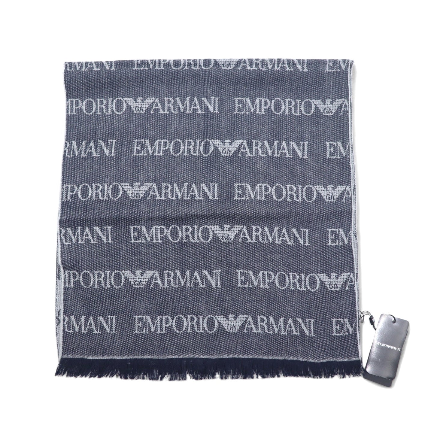 EMPORIO ARMANI イタリア製 モノグラム 総柄 ロゴ マフラー ネイビー  グレー リバーシブル ウール 625053 CC786 未使用