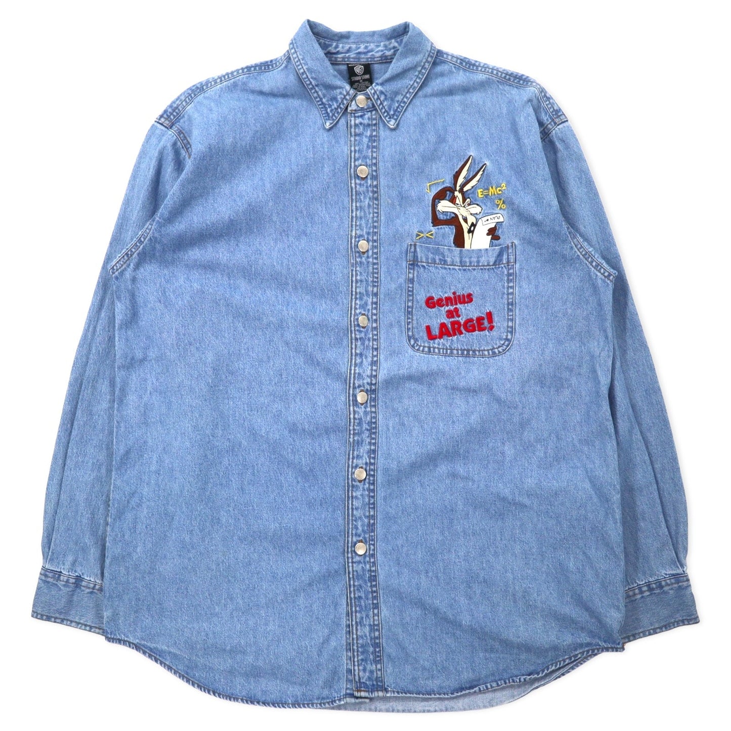 WARNER BROS. 90s Oversized Looney Tunes Denim Shirt with Character Embroidery, Size M, Blue, Cotton, Wile E. Coyote