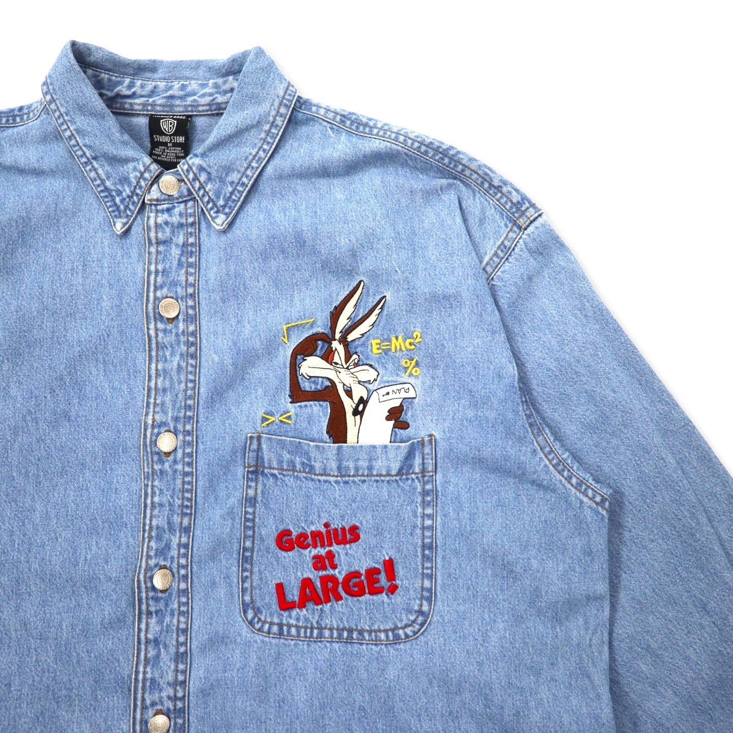 WARNER BROS. 90s Oversized Looney Tunes Denim Shirt with Character Embroidery, Size M, Blue, Cotton, Wile E. Coyote