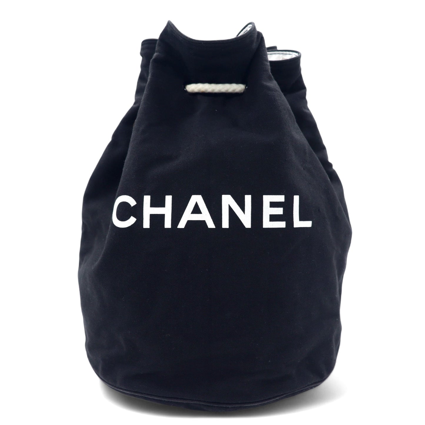 CHANEL Drawstring Pool Bag, One-Shoulder Bag, Black Canvas with Logo Print, Novelty