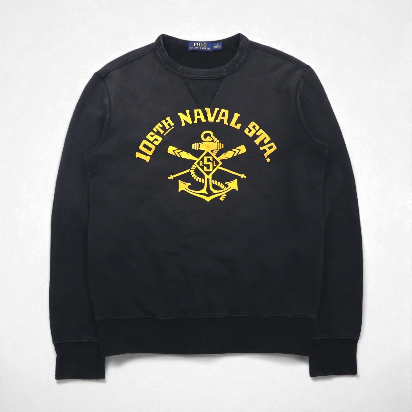 Polo Ralph Lauren ヴィンテージ加工 前V スウェット トレーナー S ブラック 105TH NAVAL STA