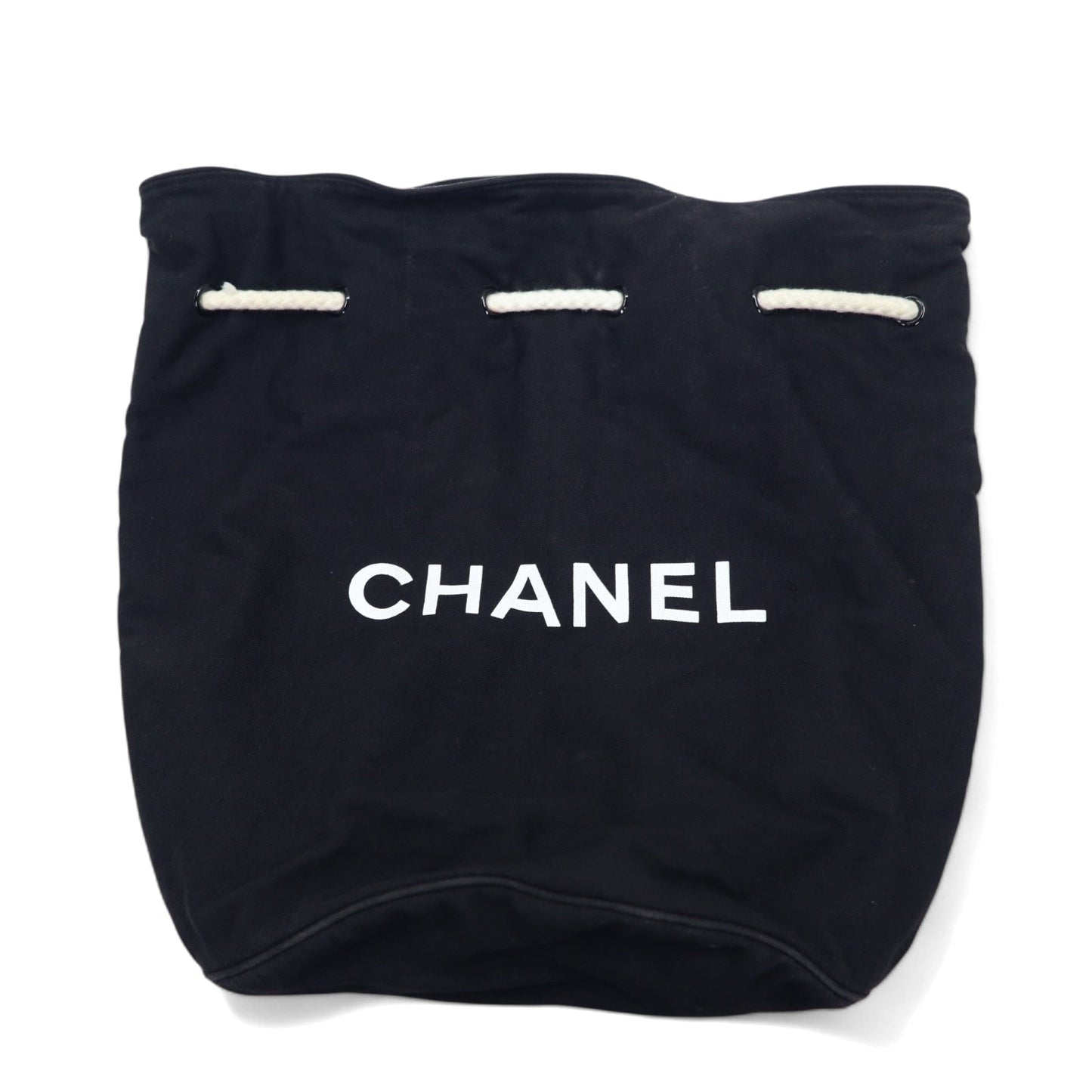CHANEL Drawstring Pool Bag, One-Shoulder Bag, Black Canvas with Logo Print, Novelty