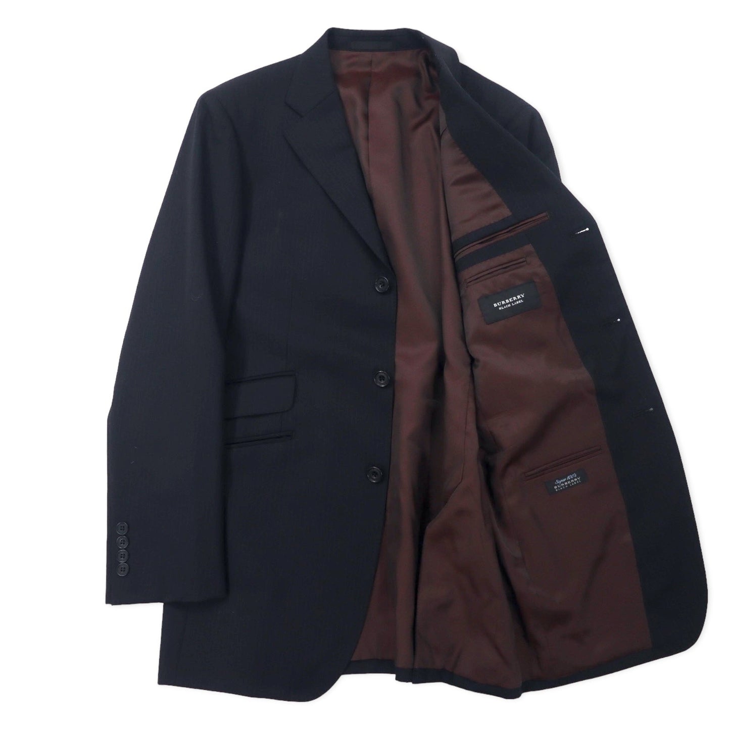 BURBERRY BLACK LABEL 3B Suit, Size 42R, Black Striped Wool, Super 100s, Made in Japan