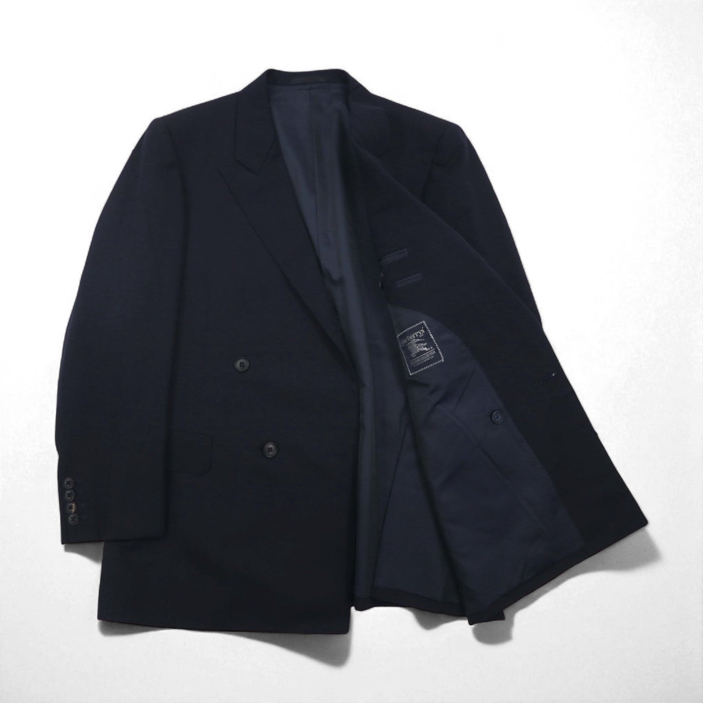 BURBERRY 90年代 PRESTIGE COLLECTION 日本製 ピークドラペル ダブル セットアップ スーツ M ネイビー ウール