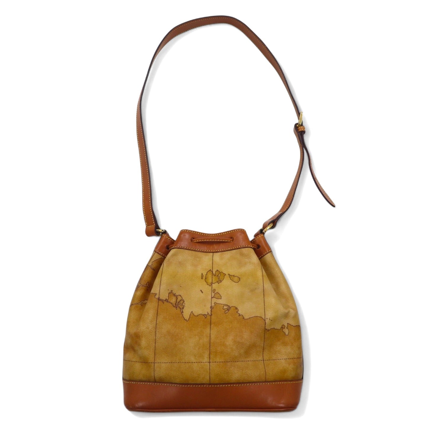 PRIMA CLASSE Italian-made drawstring shoulder bag in beige PVC and leather with a world map.