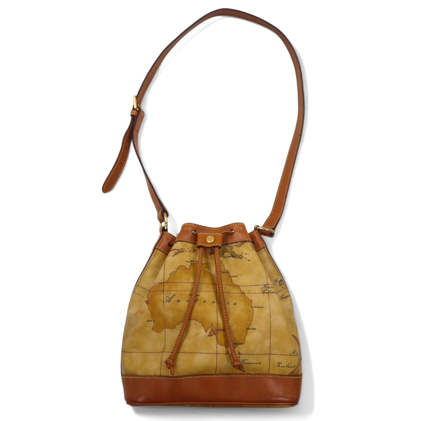 PRIMA CLASSE Italian-made drawstring shoulder bag in beige PVC and leather with a world map.