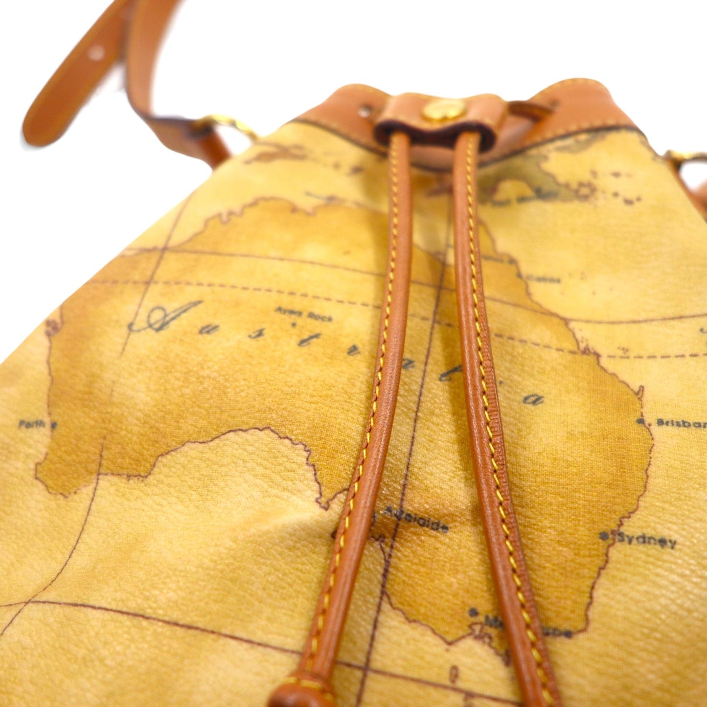 PRIMA CLASSE Italian-made drawstring shoulder bag in beige PVC and leather with a world map.