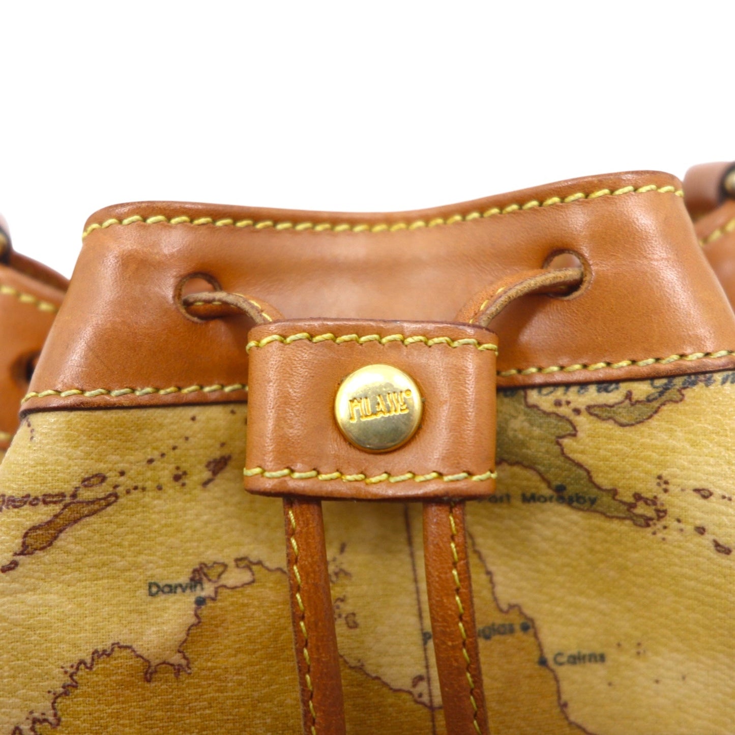 PRIMA CLASSE Italian-made drawstring shoulder bag in beige PVC and leather with a world map.