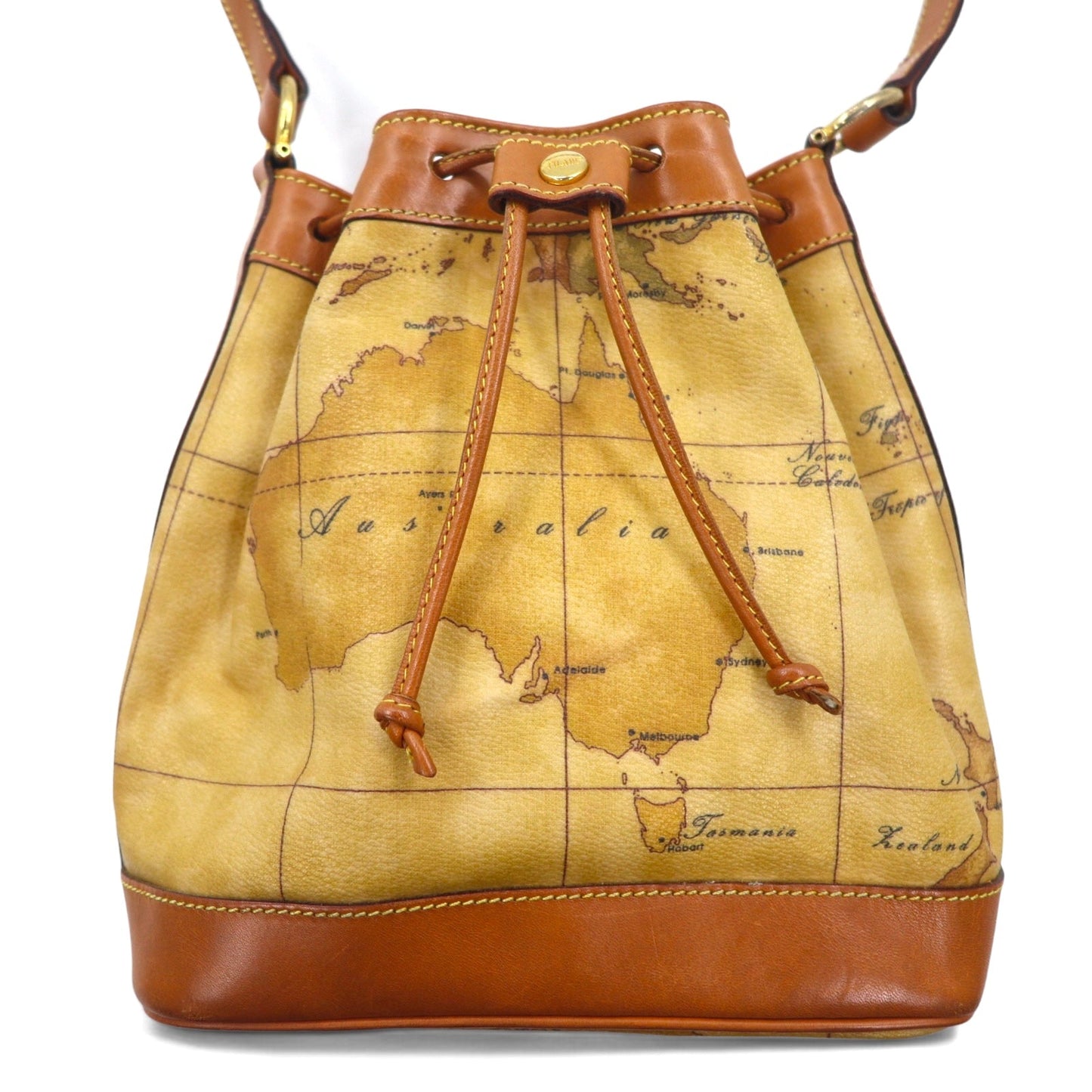 PRIMA CLASSE Italian-made drawstring shoulder bag in beige PVC and leather with a world map.