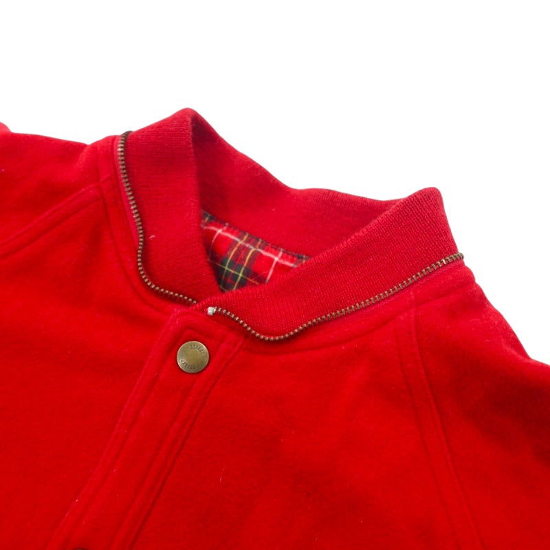 J.PRESS 90s Melton Stadium Jacket, Size L, Red Wool, Detachable Hood, Patch, Check Lining