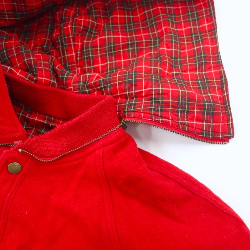 J.PRESS 90s Melton Stadium Jacket, Size L, Red Wool, Detachable Hood, Patch, Check Lining