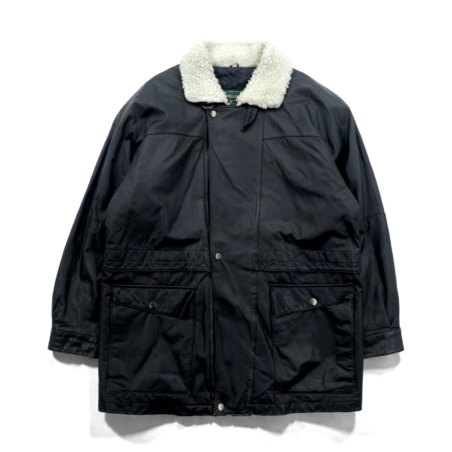 CLUB FELLOW 90年代 ヴィンテージ 襟ボア 中綿 レザーコート XL ブラック キルティングライナー 比翼 ジップアップ Marshall Fields