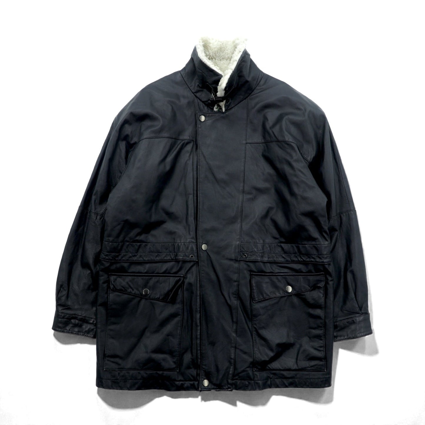 CLUB FELLOW 90年代 ヴィンテージ 襟ボア 中綿 レザーコート XL ブラック キルティングライナー 比翼 ジップアップ Marshall Fields