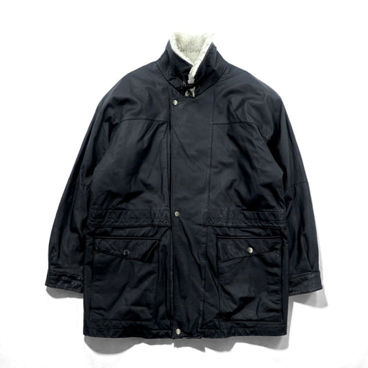 CLUB FELLOW 90年代 ヴィンテージ 襟ボア 中綿 レザーコート XL ブラック キルティングライナー 比翼 ジップアップ Marshall Fields