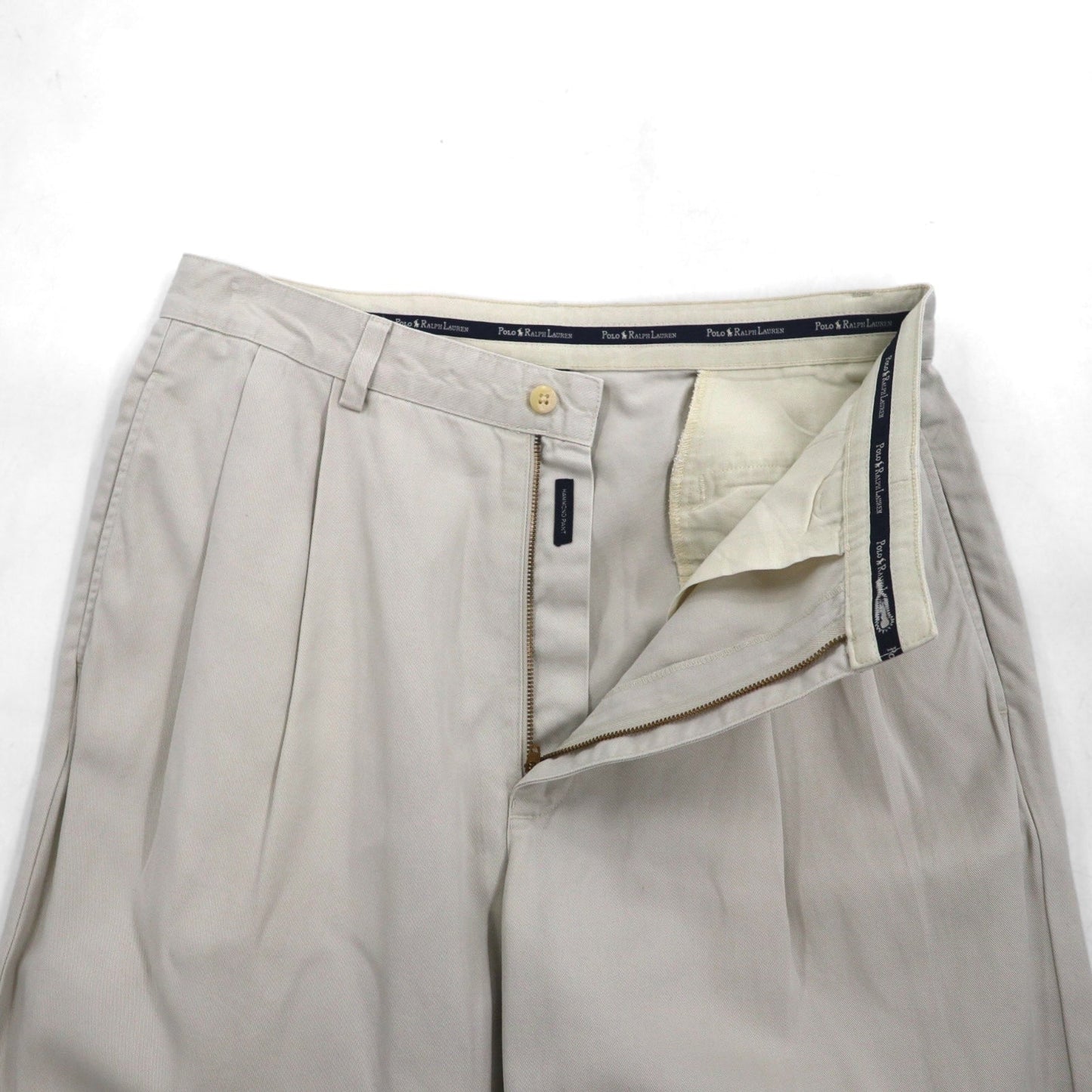 POLO RALPH LAUREN 90s Polo Chino Pants, Double-Tuck Wide Leg, Size M, Beige, Cotton